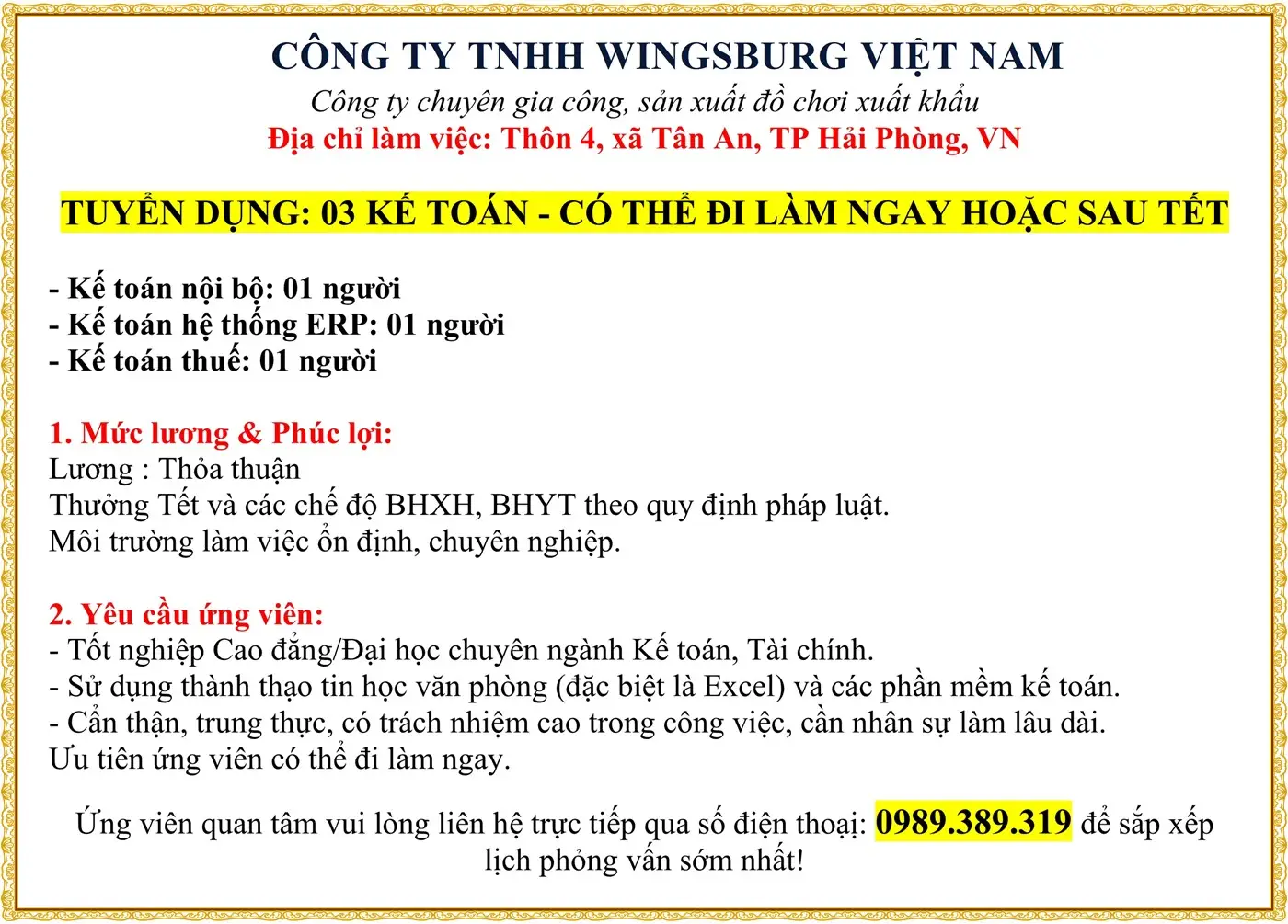 Hải phòng tuyển dụng kế toán