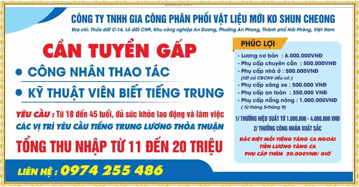Hải phòng tuyển công nhân, kỹ thuật biết tiếng Trung