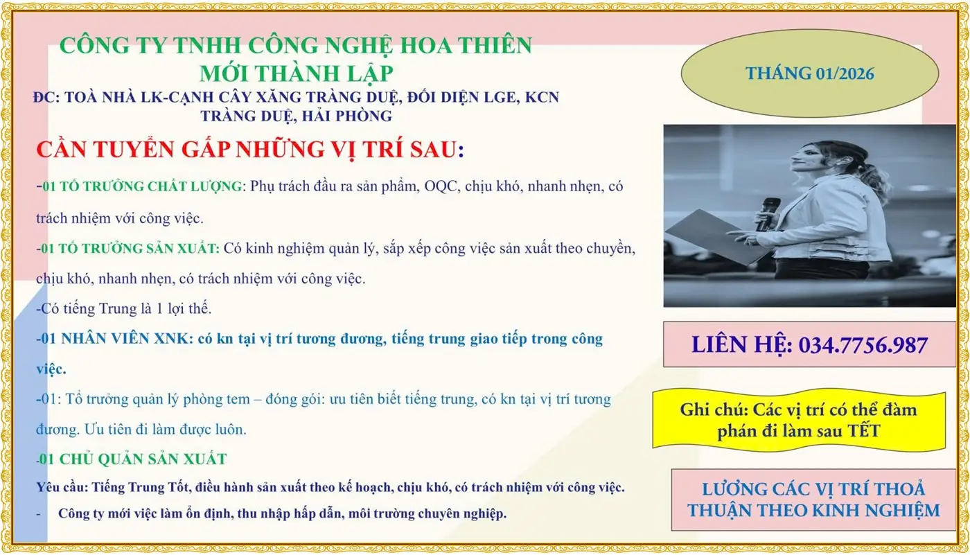 Hải Phòng tuyển tổ trưởng chất lượng, tổ trưởng sản xuất