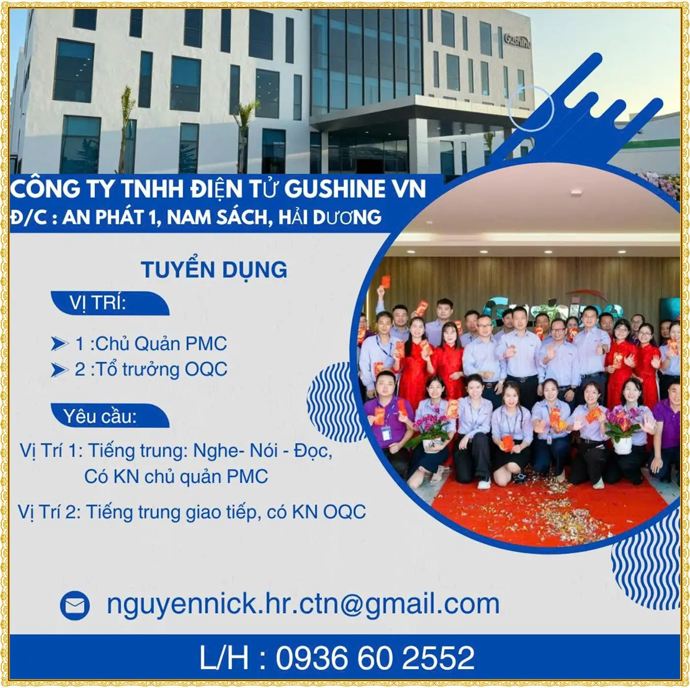 Hải phòng tuyển chủ quản PMC, OQC
