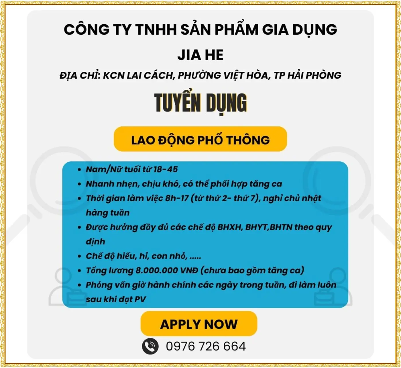 Tuyển lao động phổ thông tại Hải Phòng
