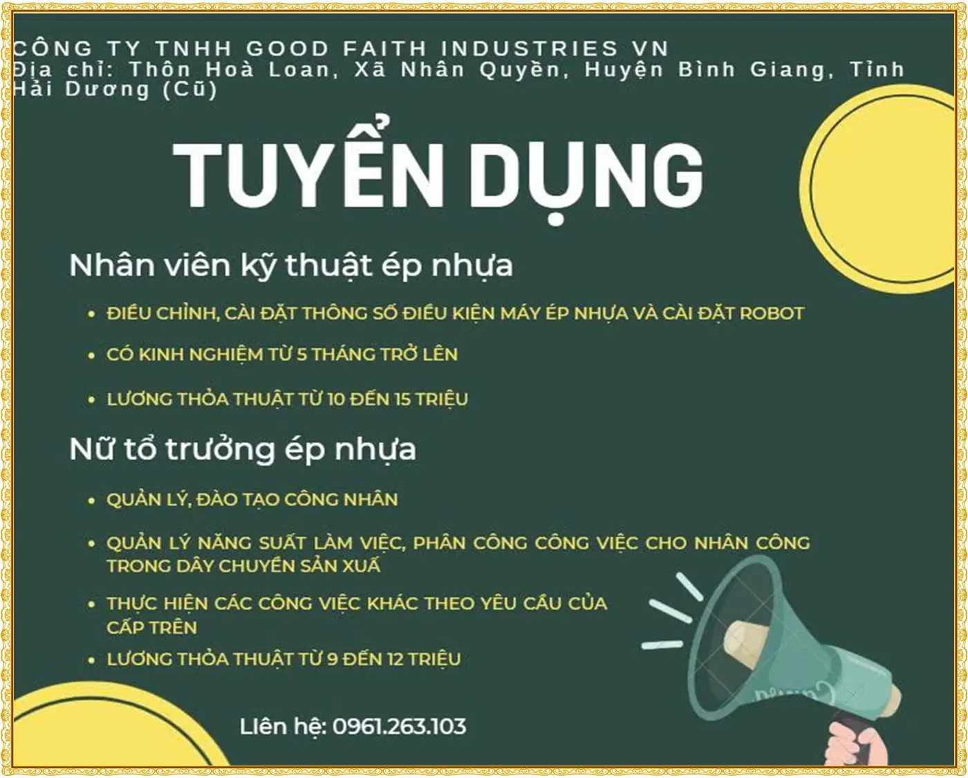 Tuyển nhân viên Kỹ thuật ép nhựa tại Hải Phòng