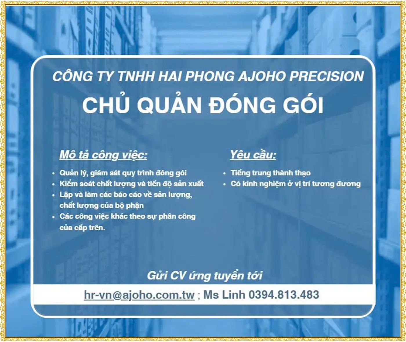 Hải Phòng tuyển tổ trưởng sản xuất