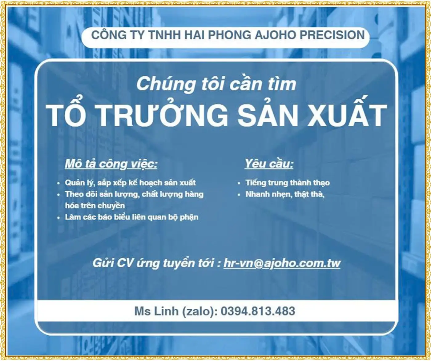 Hải Phòng tuyển tổ trưởng sản xuất