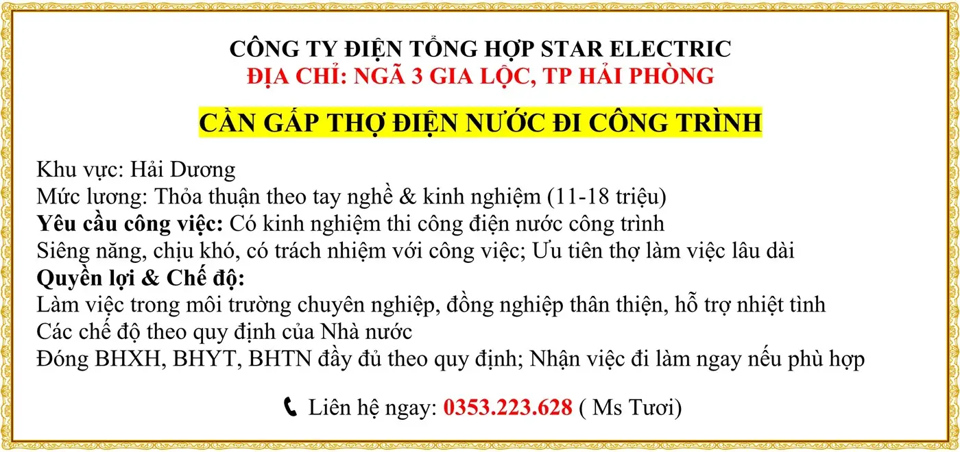 Hải Phòng CẦN GẤP THỢ ĐIỆN NƯỚC ĐI CÔNG TRÌNH