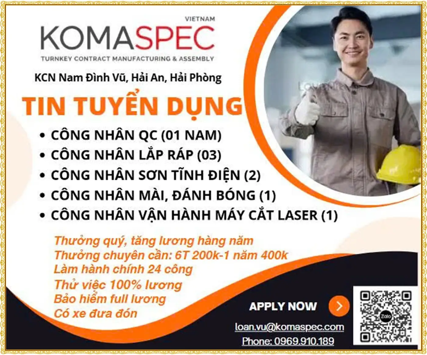 Hải phòng tuyển công nhân sơn, mài, lắp ráp