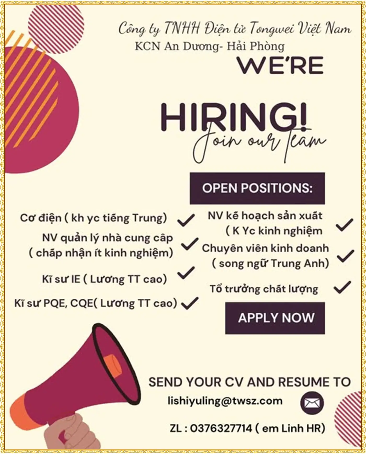 Hải Phòng tuyển cơ điện, kỹ sư