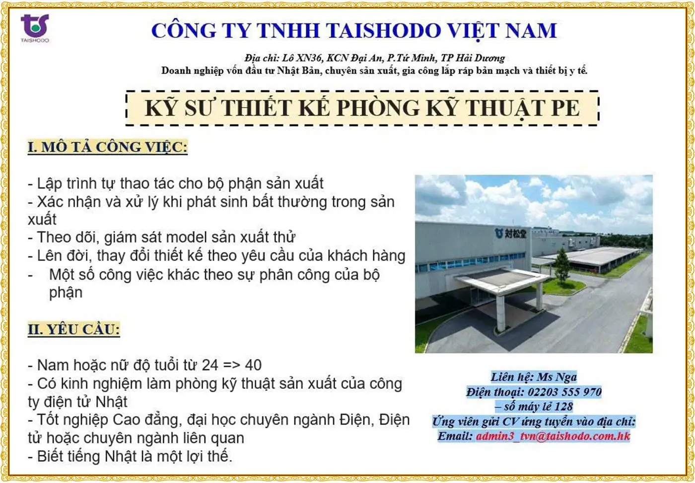 Tuyển kỹ sư thiết kế phòng PE