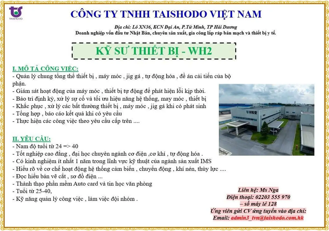 Tuyển kỹ sư thiết bị