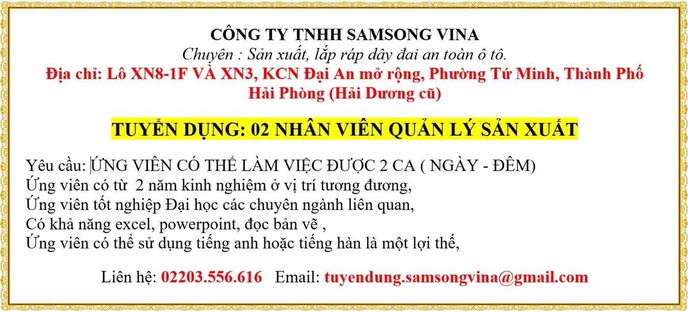 TUYỂN DỤNG: 02 NHÂN VIÊN QUẢN LÝ SẢN XUẤT
