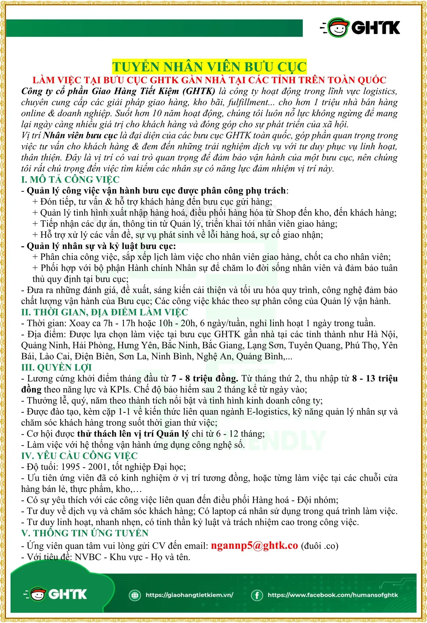 TUYỂN NHÂN VIÊN BƯU CỤC  tại Hải Phòng