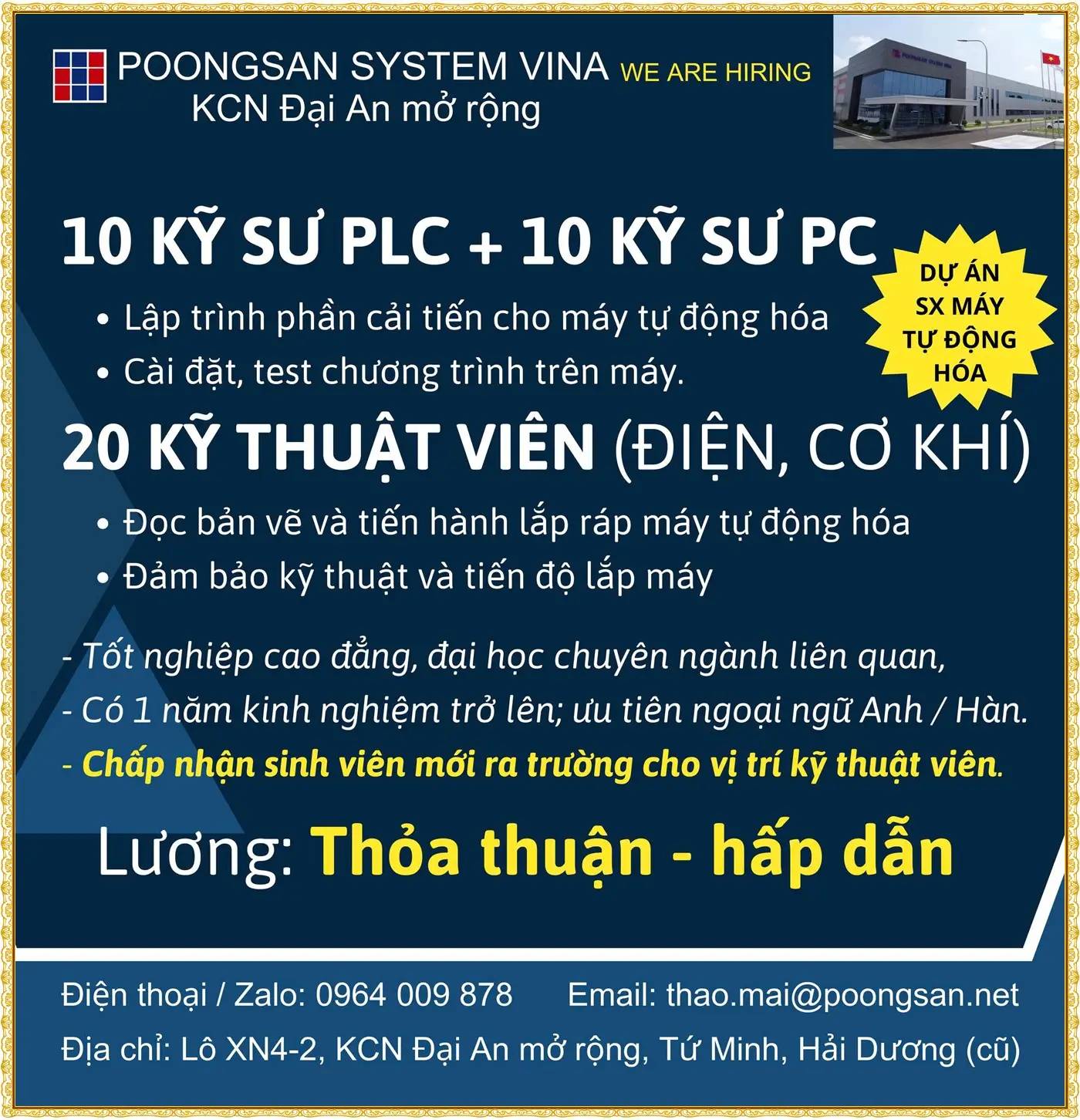 Tuyển 20 Kỹ thuật viên điện, cơ khí tại Hải Phòng