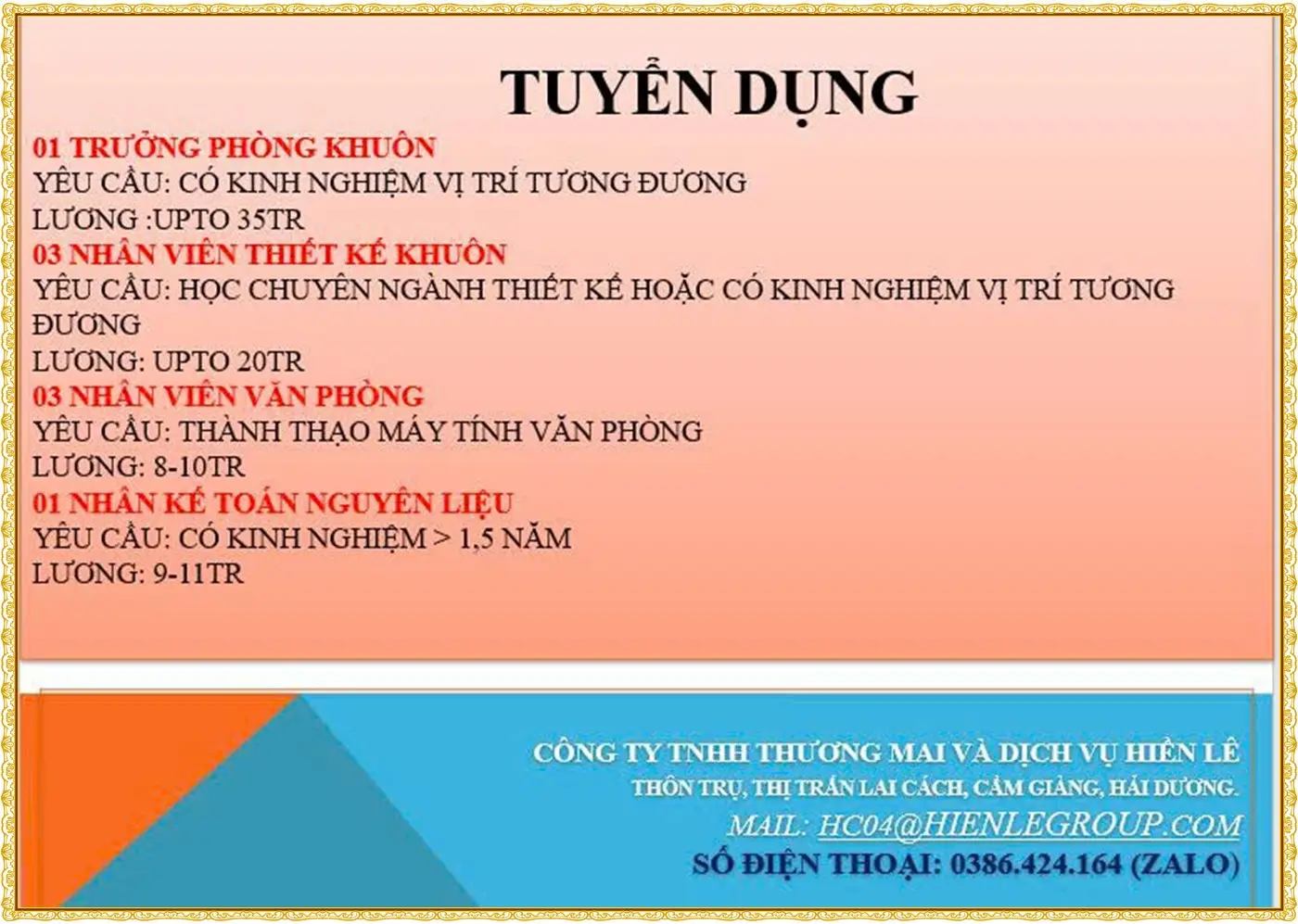 Tuyển trường phòng khuôn, nhân viên đúc khuôn tại Hải Phòng