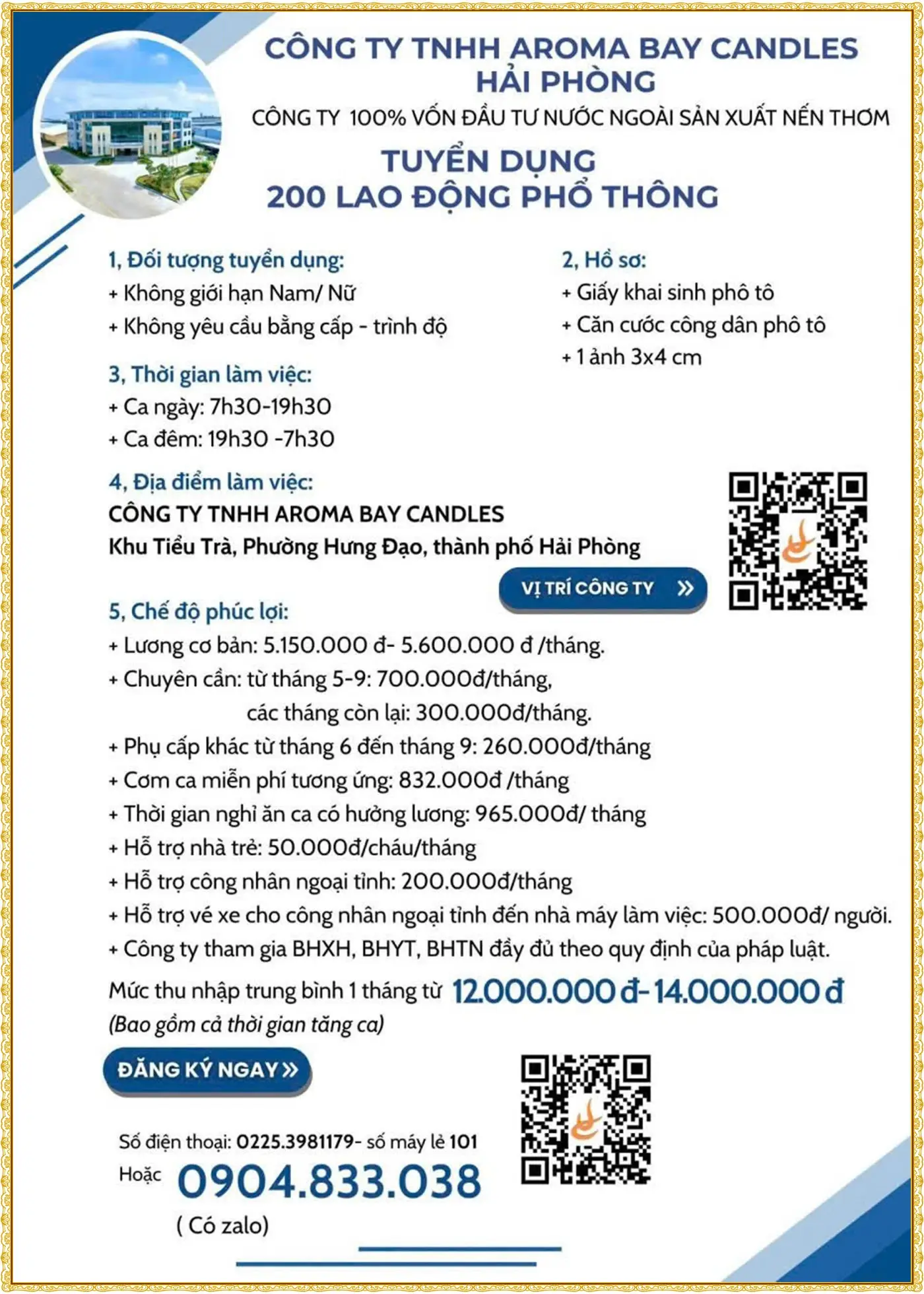Tuyển 200 lao động phổ thông tại Hải Phòng