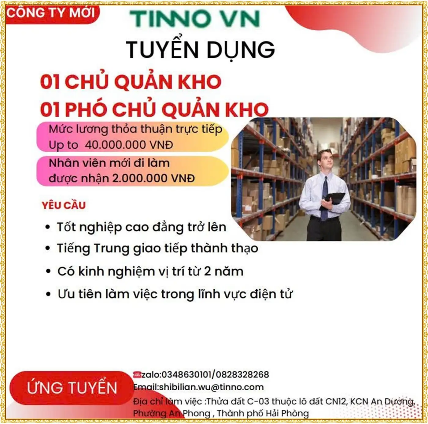 Hải Phòng tuyển Chủ quản kho