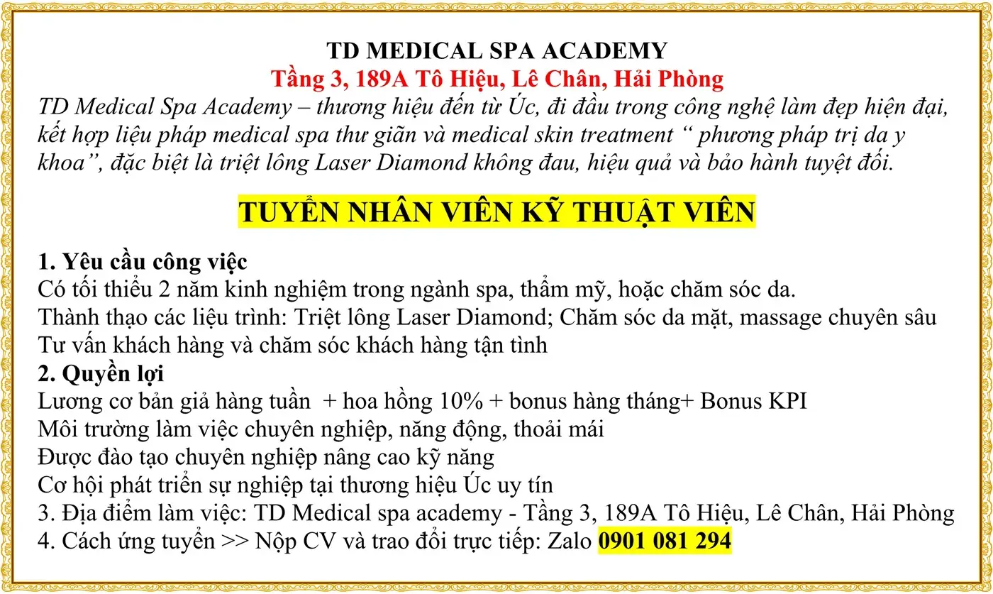TUYỂN NHÂN VIÊN KỸ THUẬT VIÊN SPA tại Hải Phòng