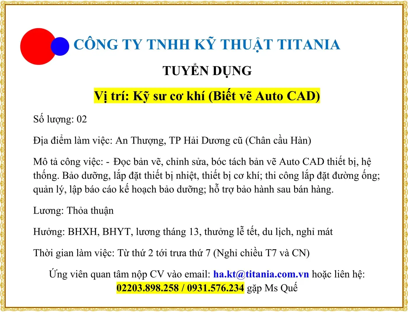 Vị trí: Kỹ sư cơ khí (Biết vẽ Auto CAD) tại Hải Phòng