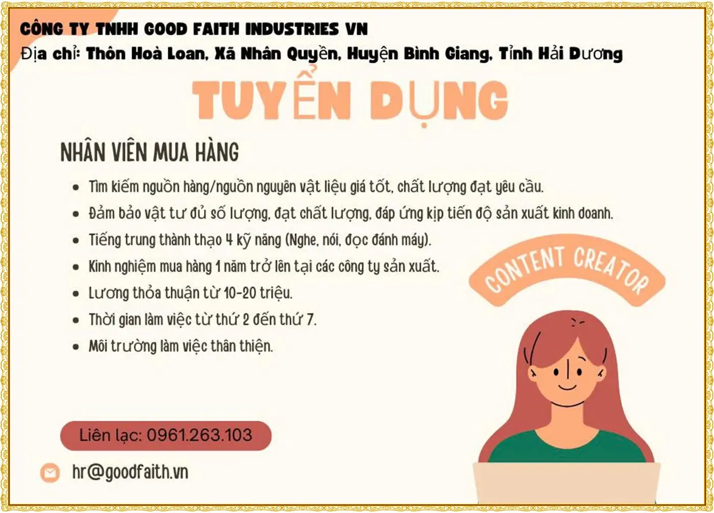 Tuyển Nhân viên mua hàng tại Hải Phòng