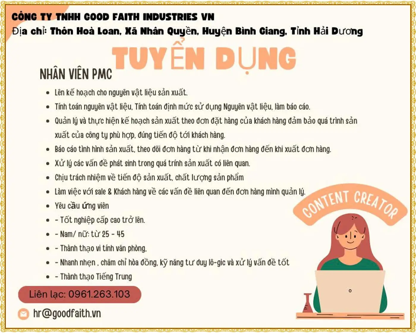Tuyển Nhân viên PMC tại Hải Phòng