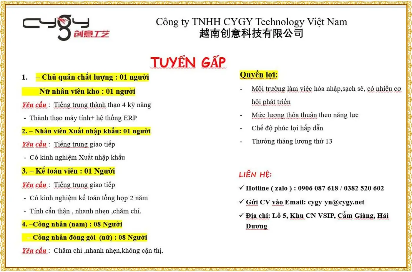 Hải Phòng tuyển chủ quản chất lượng