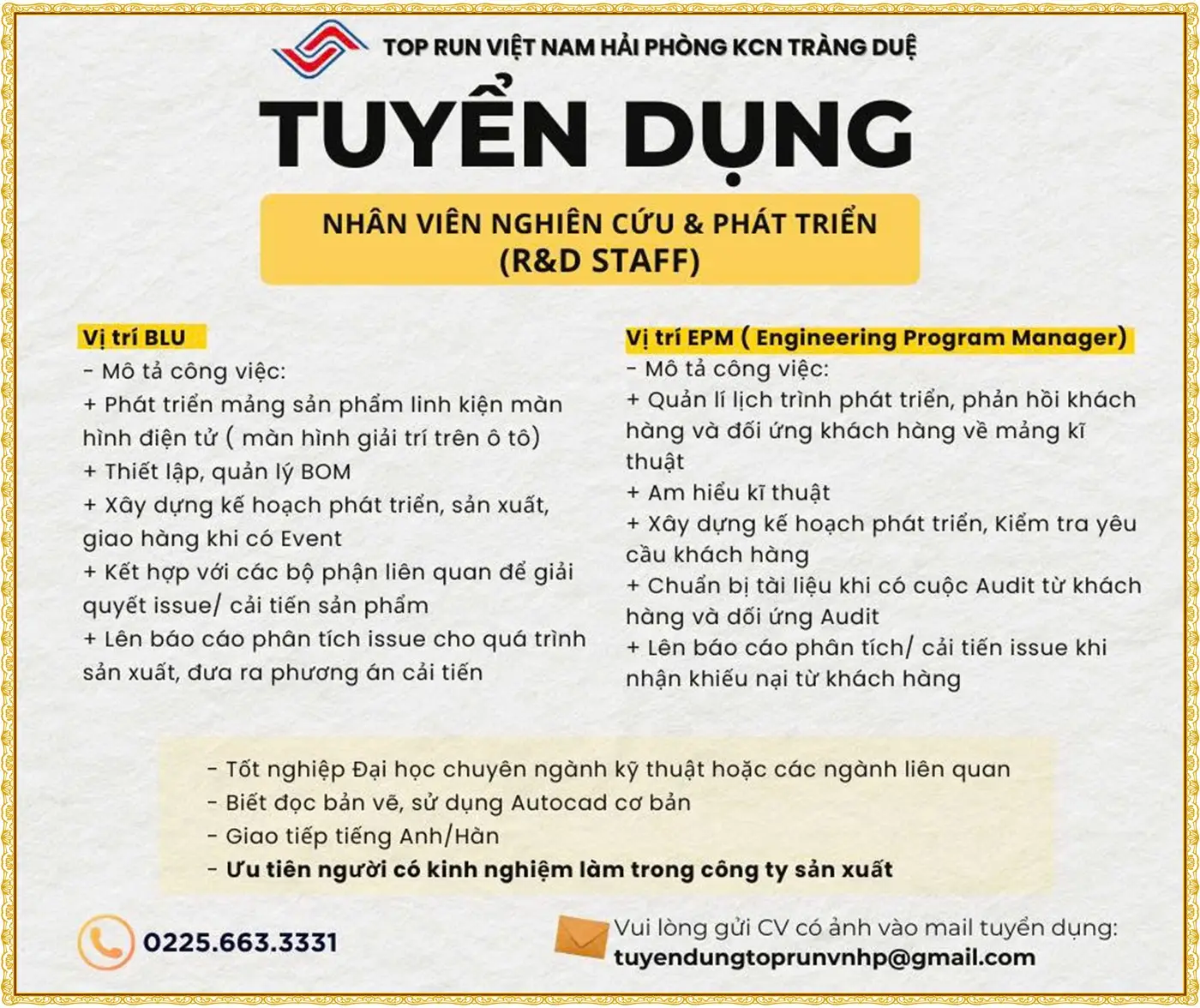 Hải phòng tuyển nhân viên nghiên cứu và phát triển