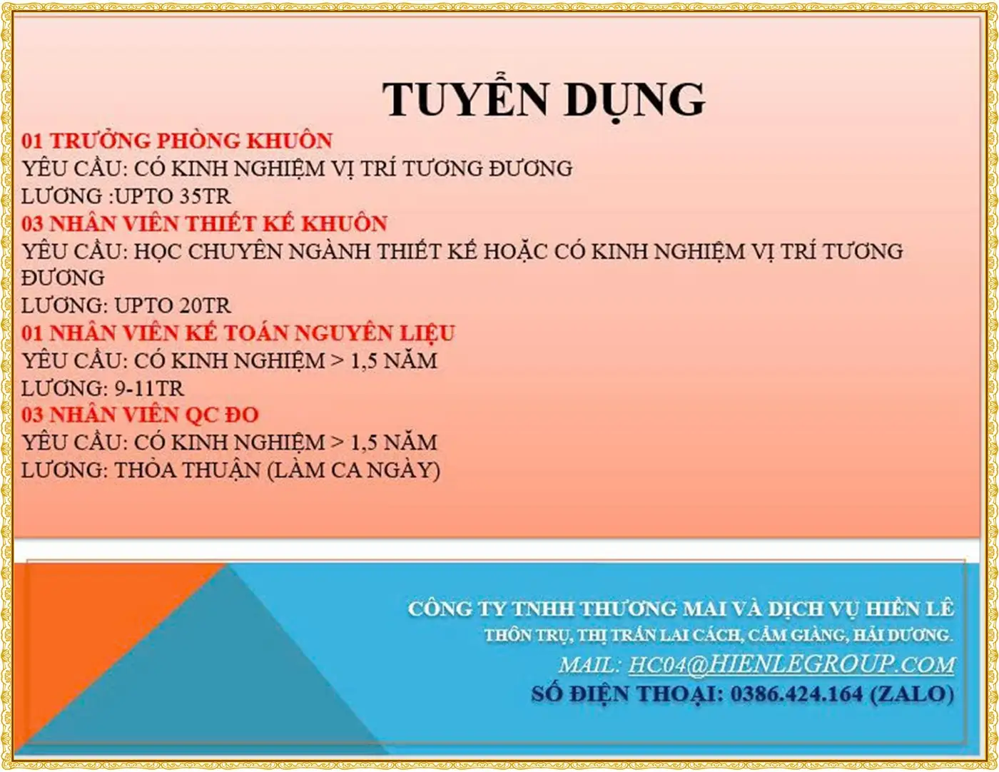 Hải phòng tuyển nhân viên khuôn, trưởng phòng khuôn