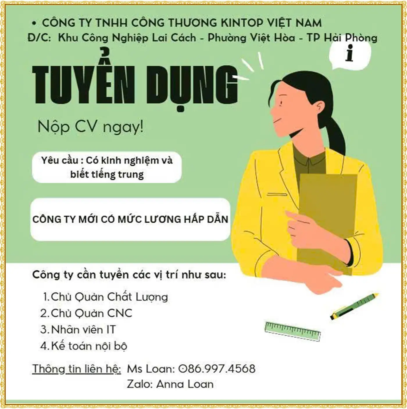 Hải Phòng tuyển chủ quản chất lượng, nhân viên IT