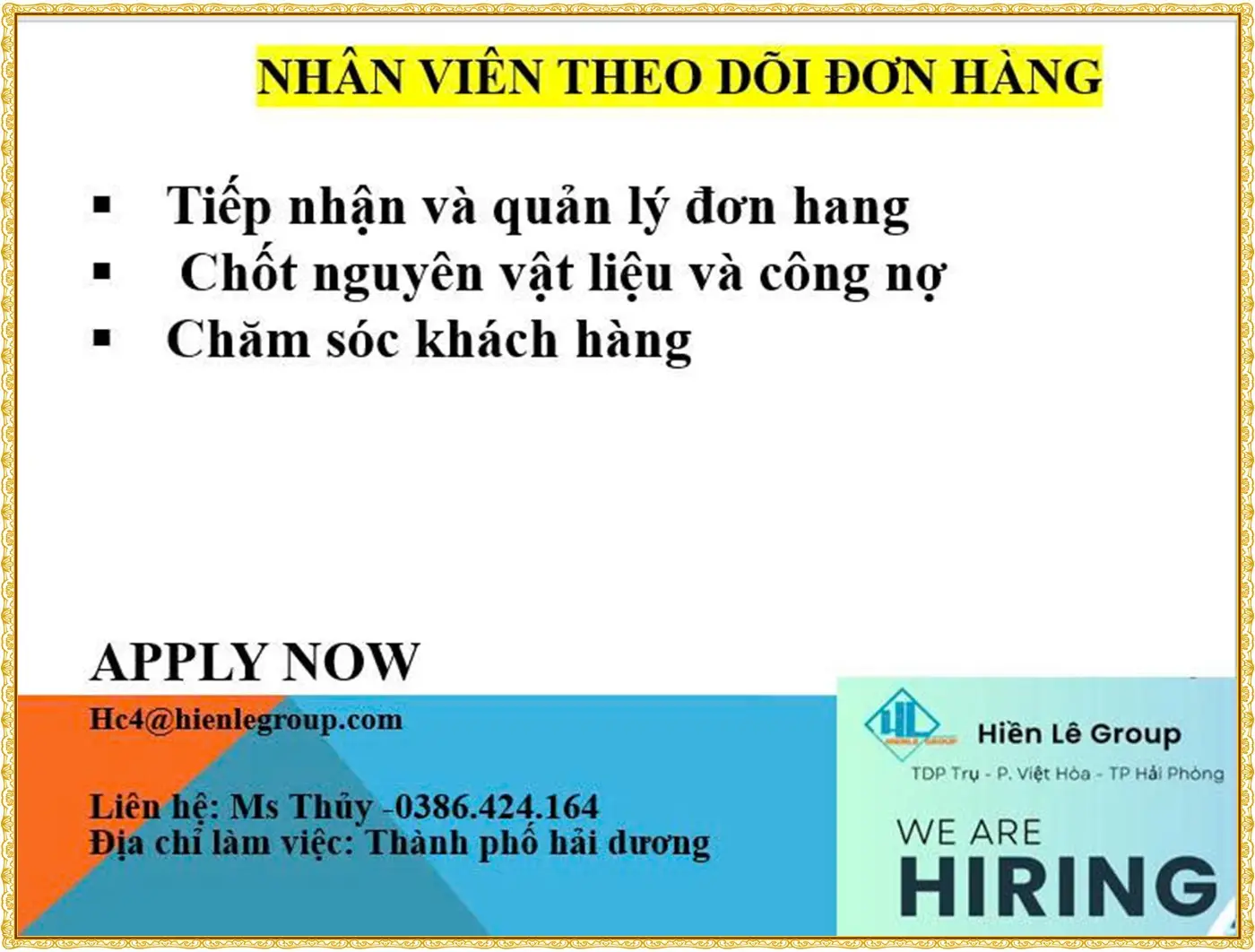 Tuyển nhân viên theo dõi đơn hàng tại hải phòng