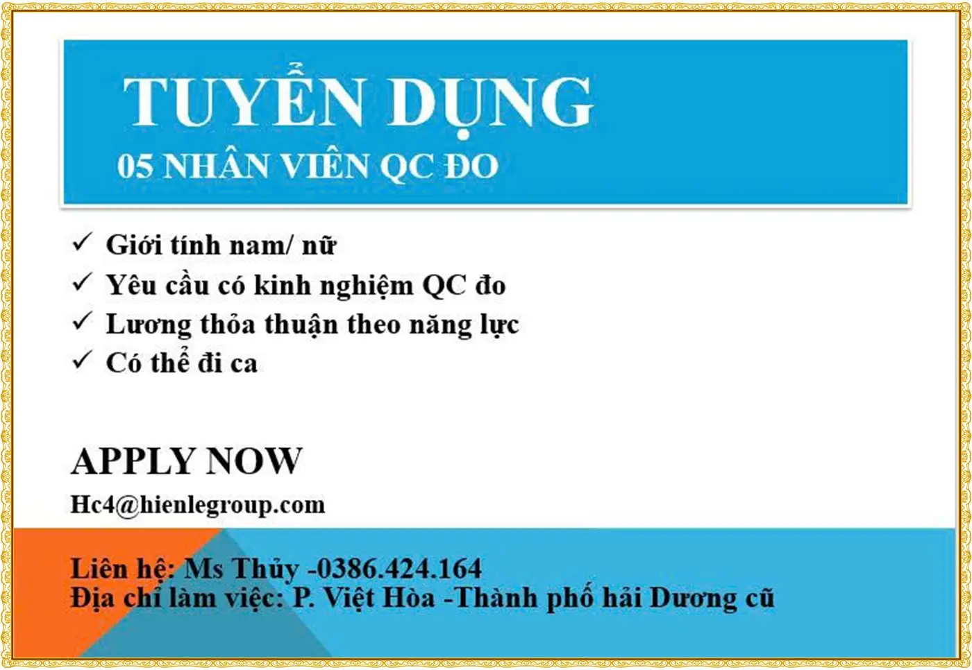 Tuyển 5 nhân viên QC đo tại hải phòng