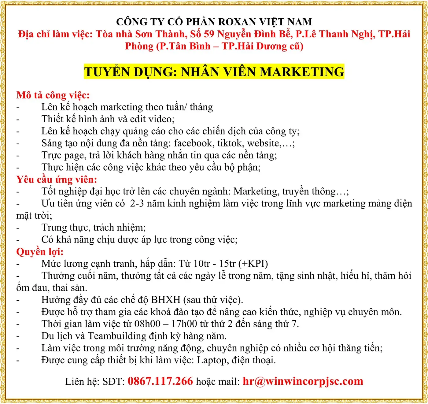 TUYỂN DỤNG: NHÂN VIÊN MARKETING tại Hải Phòng