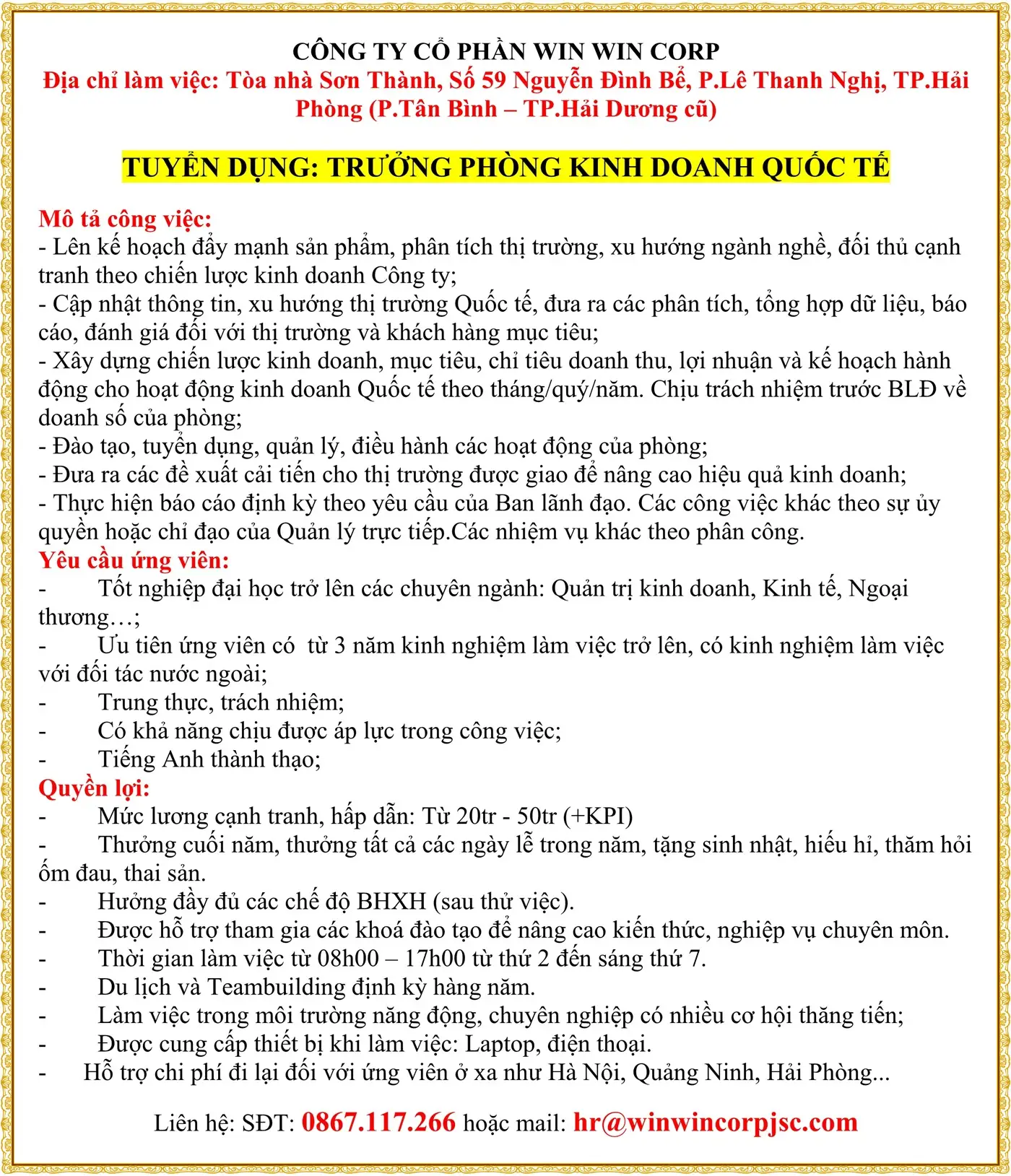 TUYỂN DỤNG: TRƯỞNG PHÒNG KINH DOANH QUỐC TẾ tại hải phòng