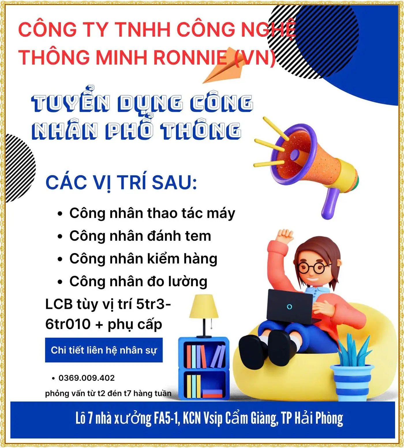 Tuyển công nhân thao tác máy, đánh tem, kiểm hàng tại Hải Phòng