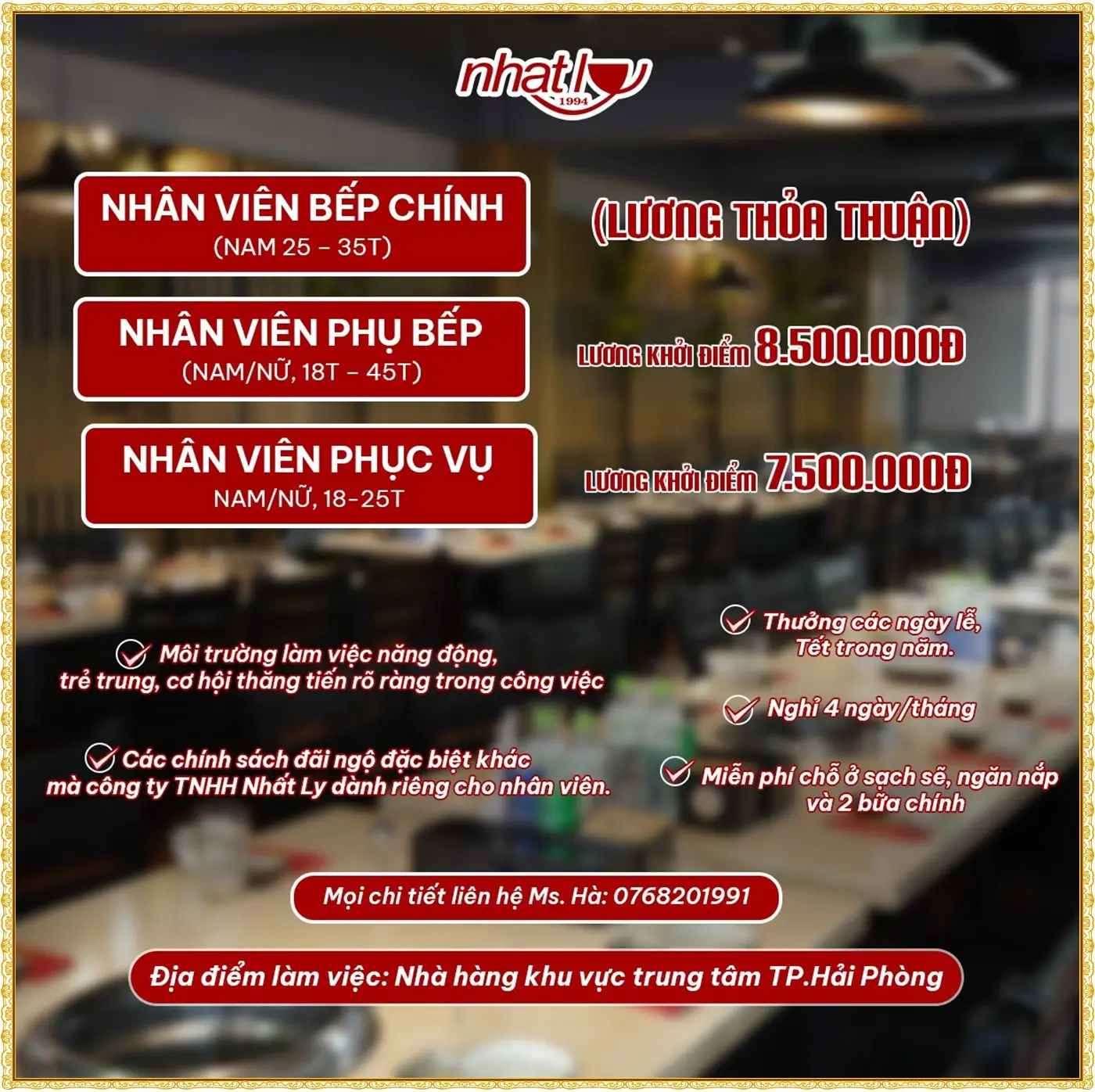 Hải phòng tuyển bếp chính, phụ bếp, phục vụ