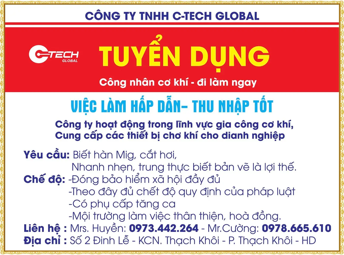 Hải Phòng tuyển nhân viên cơ khí đi làm ngay