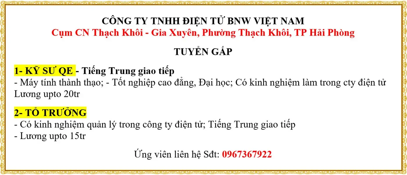 Hải Phòng tuyển Kỹ sư QE
