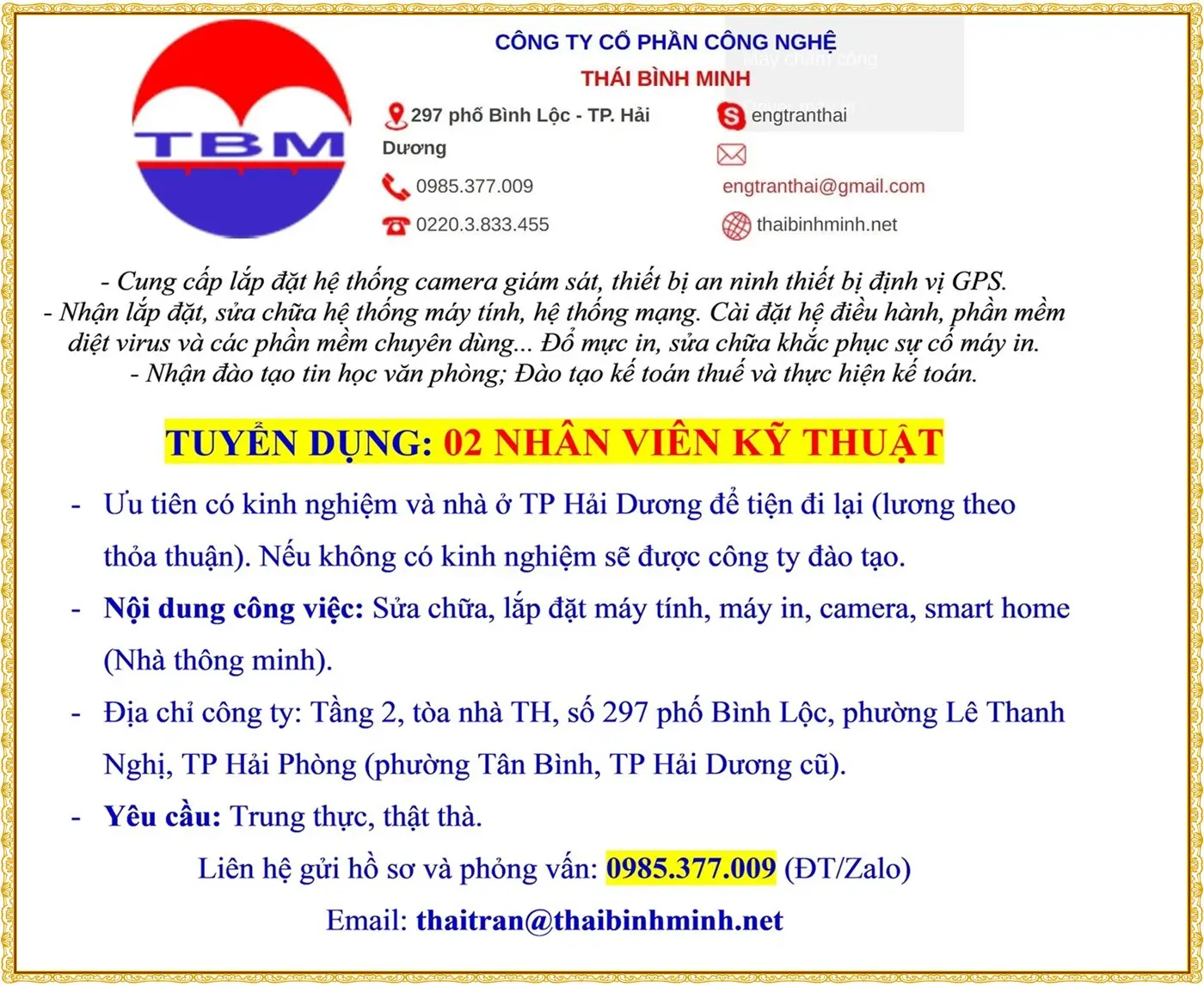 TUYỂN DỤNG: 02 NHÂN VIÊN KỸ THUẬT tại Hải Phòng